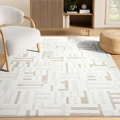 Abani Beige Area Rug - 4' x 6' - Living Room & Bedroom - Geometric Maze Design - Indoor Use - Easy to Clean, Stain Resistant, Non-Shedding - Neutral Collection. - size: 4' x 6' (Rectangular)