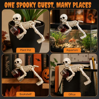 Halloween Skeleton Flowerpot Decoration, Weather Resistant Resin Garden Statue (Wine Glass Skeleton) - color: Style11