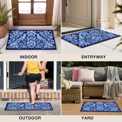 Blue Boho Bird Floral Faux Coco Coir Doormat Door Mat 17x30 Inch - color: Boho
