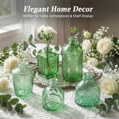 Set of 15 Green Glass Bud Vases Small Textured Flower Vases - color: Green