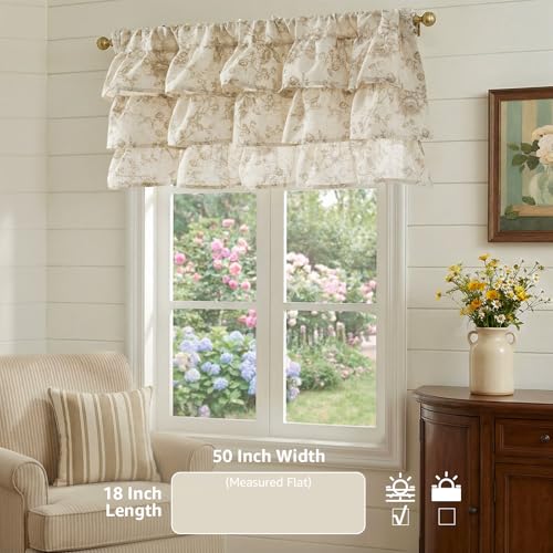 jinchan Amlie Ruffled Floral Valance Curtain 1 Panel 18 Inch Taupe on Linen - color: Amlie Taupe on Linen