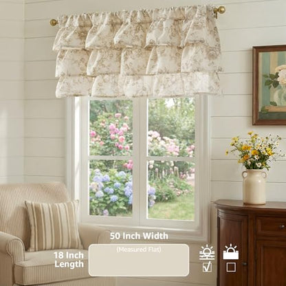 jinchan Amlie Ruffled Floral Valance Curtain 1 Panel 18 Inch Taupe on Linen - color: Amlie Taupe on Linen