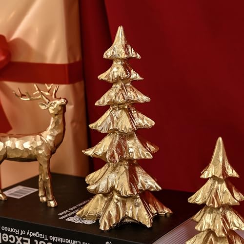 FESTGLOX Gold Christmas Tree Figurines,Small Resin Christmas Tabletop Trees - color: Gold, size: Set of 2