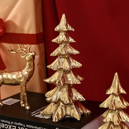 FESTGLOX Gold Christmas Tree Figurines,Small Resin Christmas Tabletop Trees - color: Gold, size: Set of 2