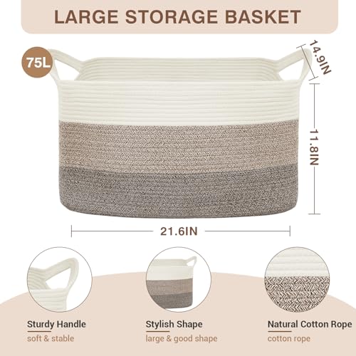 YOUDENOVA Large Blanket Basket, Rectangle Cotton Rope Storage Baske - color: White+Light Brown+Dark Brown