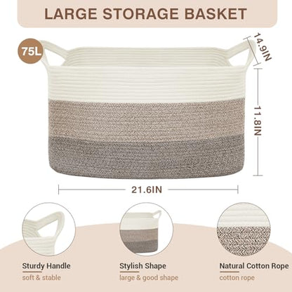 YOUDENOVA Large Blanket Basket, Rectangle Cotton Rope Storage Baske - color: White+Light Brown+Dark Brown