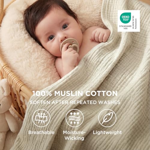 Bedsure 100% Cotton Muslin Blankets for Adults, Large Throw, Linen Beige - color: 00 - Beige, size: Throw XL (50" X 70")