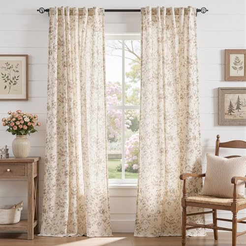 jinchan Linen Curtains 96 inch Taupe Floral Farmhouse Rod Pocket 2 Panels - color: Amlie Taupe, size: 50"W x 96"L (Pack of 2)