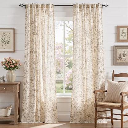 jinchan Linen Curtains 96 inch Taupe Floral Farmhouse Rod Pocket 2 Panels - color: Amlie Taupe, size: 50"W x 96"L (Pack of 2)