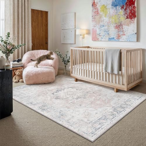 PureCozy Pink Blue 3x5 Area Rug Washable Vintage Distressed - color: Vintage | Pink Blue, size: 3' x 5' (Rectangular)