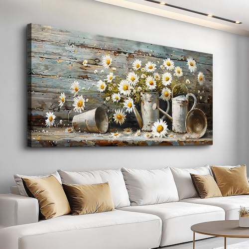 QIYILEXWART Canvas Wall Art For Living Room Large Wall Decor For Kitchen Bedroom Decorations Daisy Rustic Landscape Pictures Farmhouse Painting Artwork Room Wall Mural Aesthetic Home Decor 30x60 In - color: Daisy Rustic Pots Art, size: 60"L x 30"W