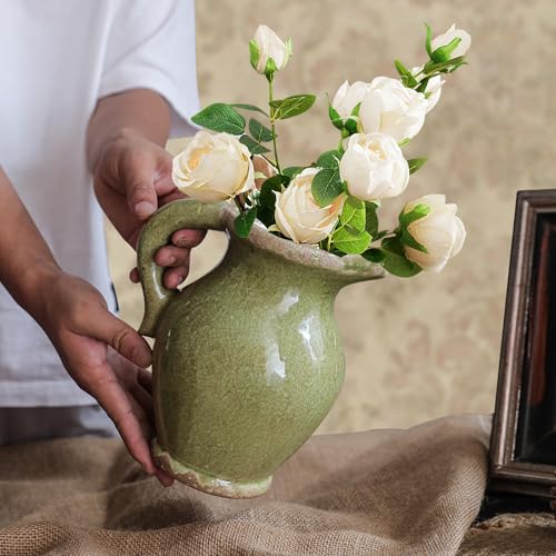 8 Inch Vintage Pitcher Vase, Rustic Green Ceramic Vases Flower Vase Farmhouse Decorative Pitchers for Home Decor, Terracotta Vases for Home Table Centerpiece Living Room Chinoiserie Decor - color: Vase-02