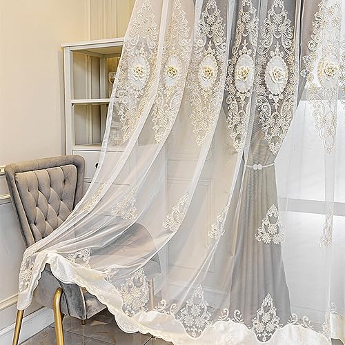 Amidoudou 1 Pair European Double Layer Curtains with Valance for Living Room Bedroom Luxury 3D Flower Embroidered Curtains (Grey,51x84 Inch) - color: Grey, size: 51"W x 84"L (Pack of 2)