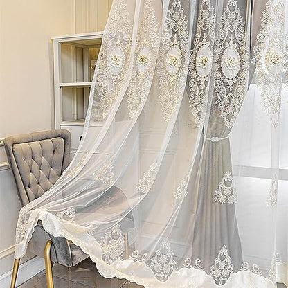 Amidoudou 1 Pair European Double Layer Curtains with Valance for Living Room Bedroom Luxury 3D Flower Embroidered Curtains (Grey,51x84 Inch) - color: Grey, size: 51"W x 84"L (Pack of 2)