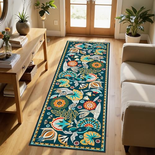 Joydeco Egypt Floral Boho 2x6 Washable Kitchen Hallway Bathroom Rug Runner - color: Dark Green, size: 2' x 6' (Runner)