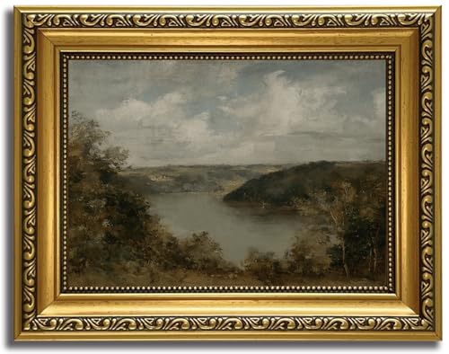 HNNXAR Gold Framed Wall Art Vintage Moody Landscape Wall Canvas Art Decor Rustic Pictures Impressionist Paintings Classic Scenery Prints Farmhouse Artwork for Bedroom Living Room - color: Lake, size: 10"L x 8"W