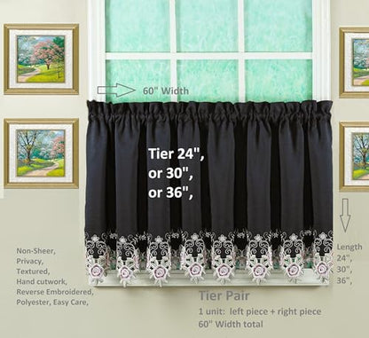Today's Curtain Verona Reverse Embroidery Tier, 30", Black/Rose, 60" W X 30" L - color: Black/Rose, size: 60"W x 30"L (Pack of 1)
