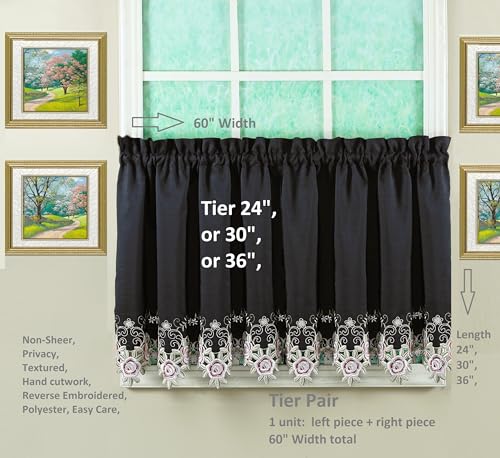 Today's Curtain Verona Reverse Embroidery Tier, 30", Black/Rose, 60" W X 30" L - color: Black/Rose, size: 60"W x 30"L (Pack of 1)