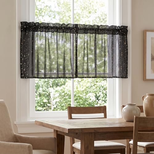 Horaldaily 2Pcs Black Sheer Valance 52x14in, Gold Sequin Star, Halloween - color: Black and Gold, size: 52"W x 14"L (Pack of 2)