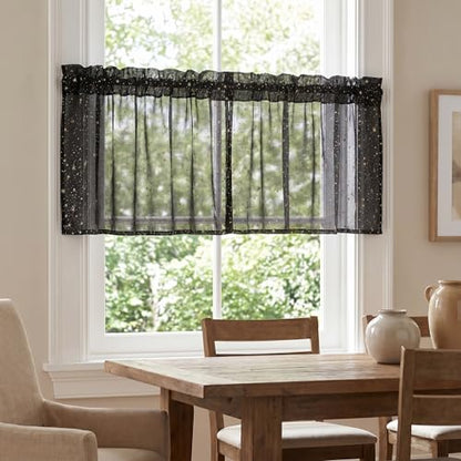 Horaldaily 2Pcs Black Sheer Valance 52x14in, Gold Sequin Star, Halloween - color: Black and Gold, size: 52"W x 14"L (Pack of 2)