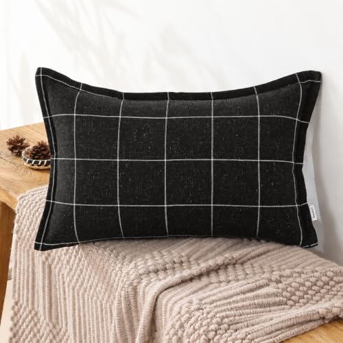 Pure Linen Plaid Throw Pillow Covers 12x20, Set of 2, Black - color: Black, size: 12x20inch