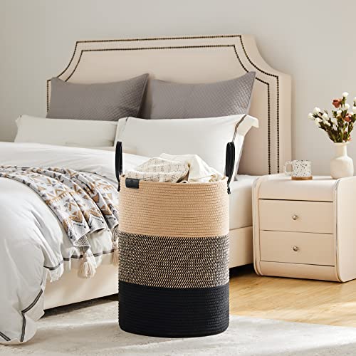 VIPOSCO 72L Tall Woven Rope Laundry Hamper, Leather Handles, Brown & Black - color: Brown & Black, size: 72L