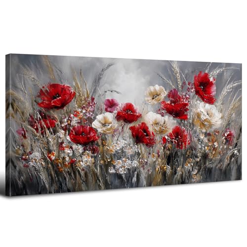 Beige Red Poppy Wall Art Farmhouse Floral Wall Decor for Bedroom Vintage Abstract Wildflower Painting Botanical Reed Poster Bathroom Nature Texture Artwork Living Room Office Kitchen Decoration 20x40" - color: Poppy, size: 40"L x 20"W