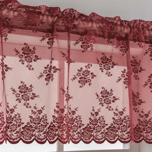 Kotile Burgundy Lace Valance for Windows Rustic Floral W52xL18 Inch 1 Panel - color: Burgundy