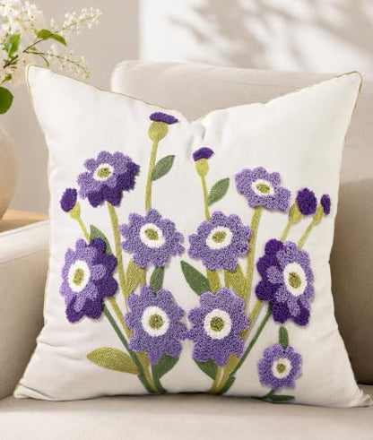Embroidered Floral Throw Pillow Cover 18x18 Inch, Purple Flower - color: Purple Flower, size: 18" x 18" (Pack of 1)