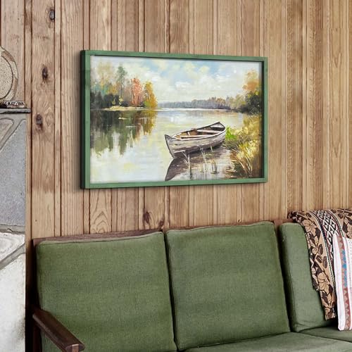 HILL WEST Farmhouse Lake Boat Wooden Framed Wall Art, 36x24inch - color: Lake, size: 36"L x 24"W
