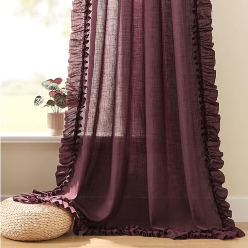 Burgundy Farmhouse Curtains for Bedroom Shabby Chic 47 x 54 Inch 2 Panels - color: Burgundy, size: 47"W x 54"L (Pack of 2)