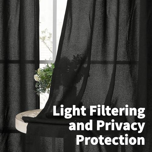 YoungsTex Black Linen Semi Sheer Curtains 45 Inches Long 2 Panels - color: Black, size: 42"W x 45"L (Pack of 2)