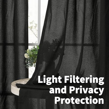 YoungsTex Black Linen Semi Sheer Curtains 45 Inches Long 2 Panels - color: Black, size: 42"W x 45"L (Pack of 2)