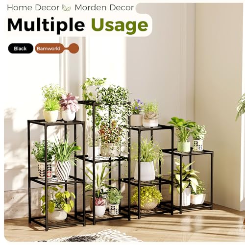 Bamworld Plant Stands Indoor 4 Sets Plant Shelves Outdoor - color: Black, size: 4 Sets