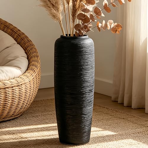 Black Rustic Ceramic Floor Vase, 19.7 Inch, Ribbed Texture - size: 19.7 Inch