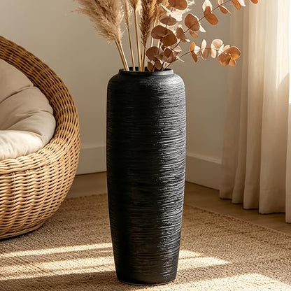 Black Rustic Ceramic Floor Vase, 19.7 Inch, Ribbed Texture - size: 19.7 Inch