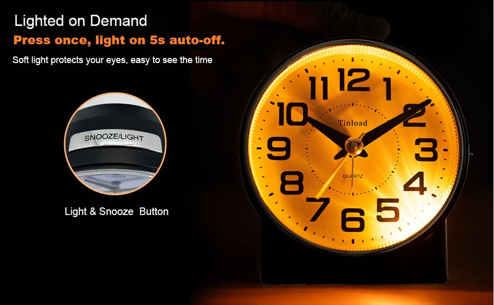 Tinload 4.3" No Ticking Analog Alarm Clock,Silent Readable for Seniors,Easy to Set,Gradual Rise Alarm,Big Numbers,On/Off Switch on Side,Gentle Wake,Snooze,Lighted on Demand,Battery Operated,Black - color: Black