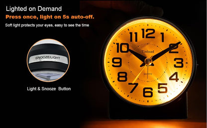 Tinload 4.3" No Ticking Analog Alarm Clock,Silent Readable for Seniors,Easy to Set,Gradual Rise Alarm,Big Numbers,On/Off Switch on Side,Gentle Wake,Snooze,Lighted on Demand,Battery Operated,Black - color: Black