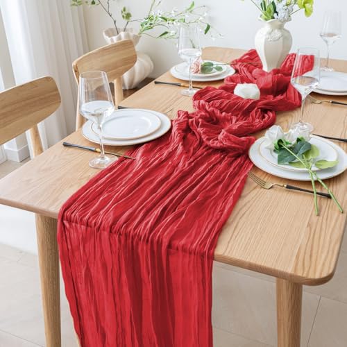 Cheesecloth Table Runner 10FT Red Boho Gauze Rustic Sheer Runners - color: Red, size: 1 Pack