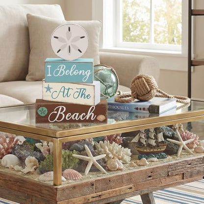 GlikCeil 4 Pcs Beach Coastal Tiered Tray Decor Summer Sand Dollars Wooden Table Centerpieces Blocks Wooden Ocean Blocks Decorations Table Top Sign Decor for Farmhouse, Beach House, Tables Centerpiece - style: Coastal