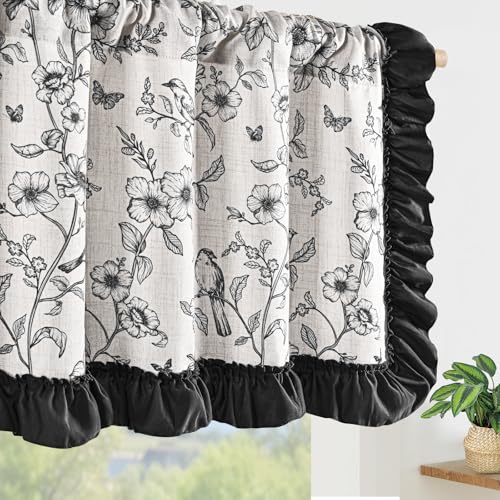 Yinhua Floral Valances for Windows with Ruffle, Farmhouse French Linen Window Valances Curtains, Light Filtering Rod Pocket Kitchen Curtains Valance for Living Room Bathroom, 52" W x 18" L, 1 Panel - color: Black, size: 52"W x 18"L (Pack of 1)