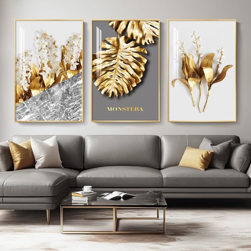 Large Framed Modern Luxury Gold Wall Art for Living Room, 3 Piece 24x36 In - color: Golden Flower Leaves, size: 24" W x 36" H x 3 pieces