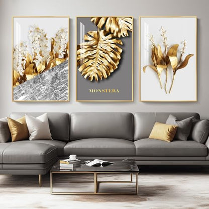 Large Framed Modern Luxury Gold Wall Art for Living Room, 3 Piece 24x36 In - color: Golden Flower Leaves, size: 24" W x 36" H x 3 pieces