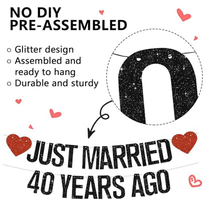 Black Glitter Just Married 40 Years Ago Banner,NO DIY,Pre-Strung 40th Wedding Anniversary Party Decorations 40 Years Blessed & Loved Garland Sign We Still Do 40th Party Supplies - color: 40black