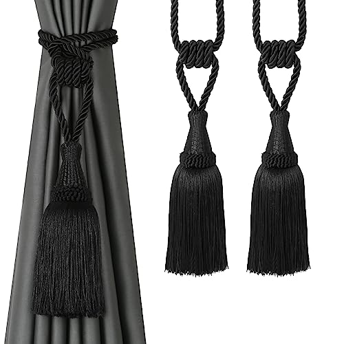 BEL AVENIR 2 Pack Tassel Curtain Tiebacks Handmade Holdbacks (Black) - color: Black, size: 2 Pack