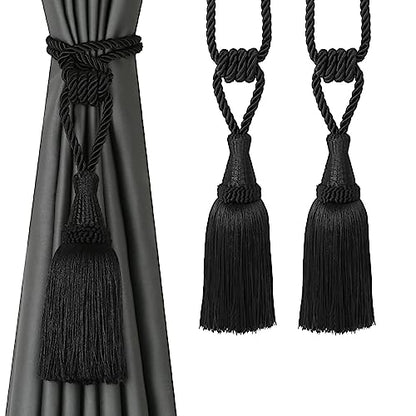 BEL AVENIR 2 Pack Tassel Curtain Tiebacks Handmade Holdbacks (Black) - color: Black, size: 2 Pack