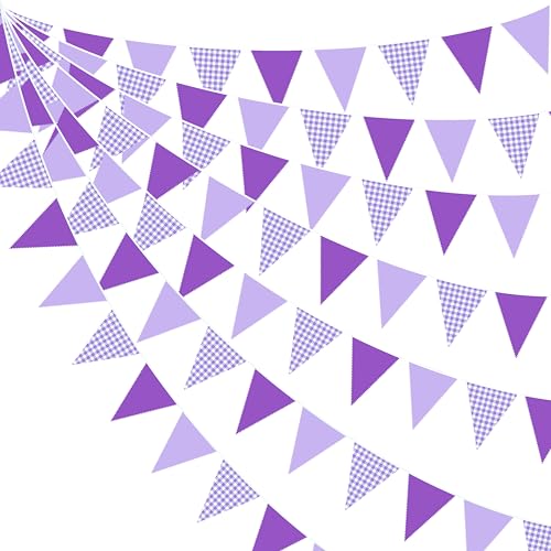 32Ft Purple Party Decorations Purple Gingham Triangle Flag Plaid Checkered Pennant Banner Fabric Garland Streamers for Lavender Mermaid Birthday Bridal Shower Picnic BBQ Outdoor Party Decor Supplies - color: Violet Plaid