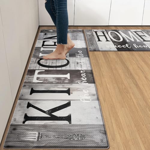 Arttown Anti-Fatigue Kitchen Rug Set of 2, Waterproof Non-Slip, Wooden - color: Black Gray, size: 17.3 x 47 inch + 17.3 x 29 in