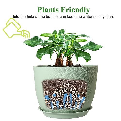 UOUZ 12inch Large Plant Pot, Modern Plastic Planter with High Driange Holes and Saucer for Indoor Outdoor Garden Plants and Flowers, Green - color: Green