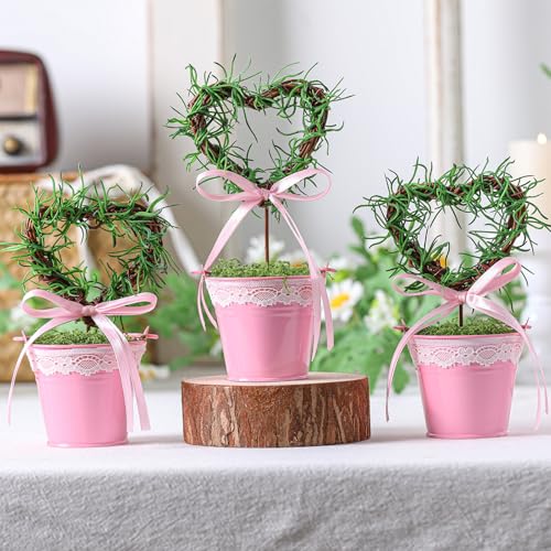 Suncalla 3 Pcs Valentines Day Artificial Heart Topiary Tree Plant with Pot 5.5'' to 7'' Heart Valentine Greenery Fake Plant Potted for Tabletop Centerpiece Tiered Tray Decor Gifts